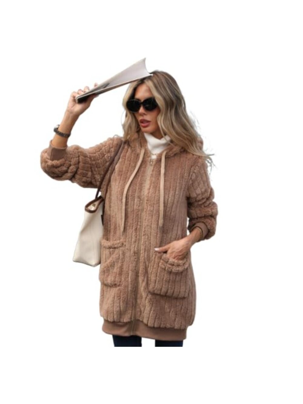 Women's Fuzzy Fleece Zip Up Hoodie Sherpa Teddy Jacket Warm Winter Coat with